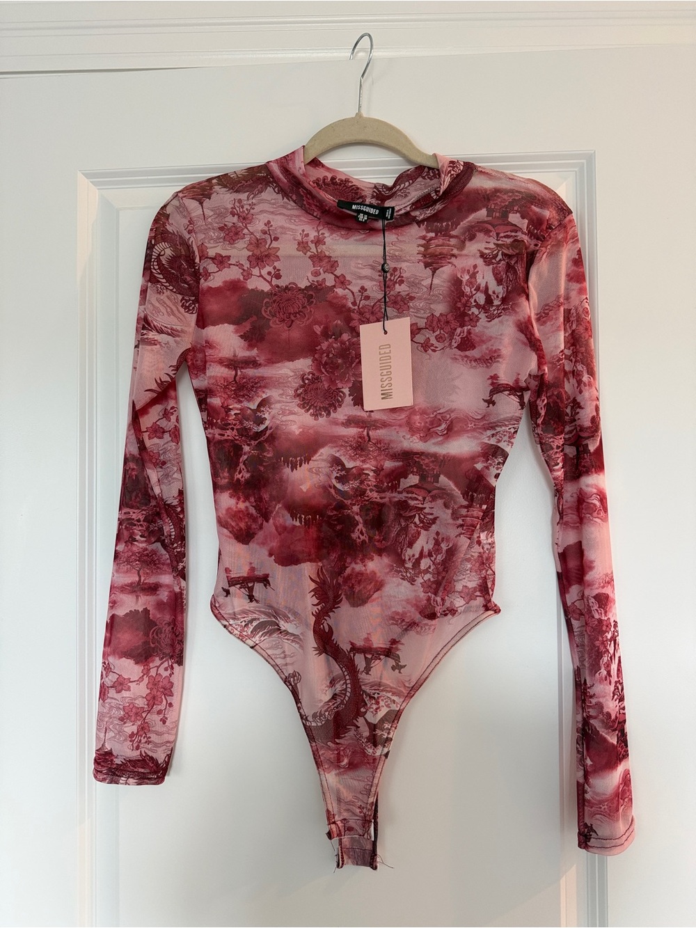 Missguided Pink & Blush Oriental Print Mesh Bodysuit